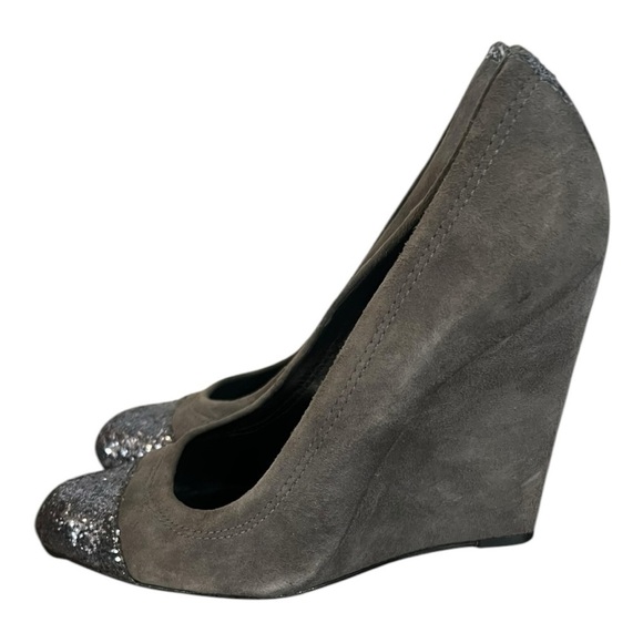 Tory Burch Wedge 8.5 Gray Wedge Sparkle Toe Women's Leather Suede - Picture 2 of 8